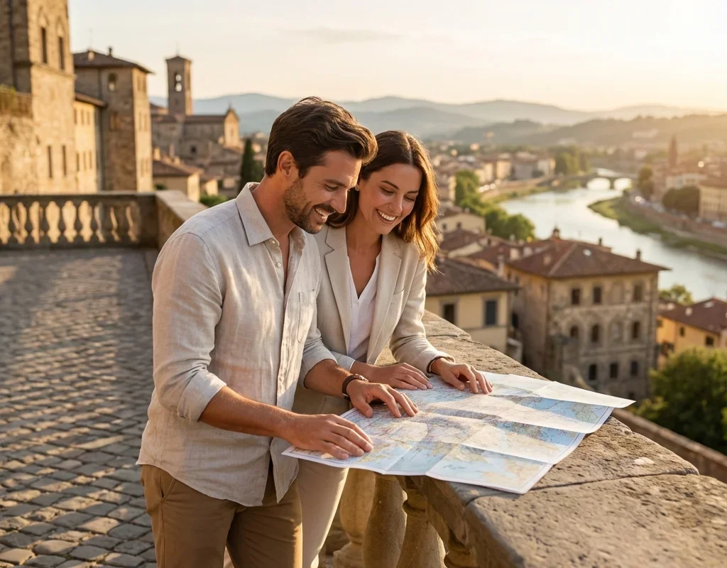 זוג מטיילים באירופה נהנים מהנוף